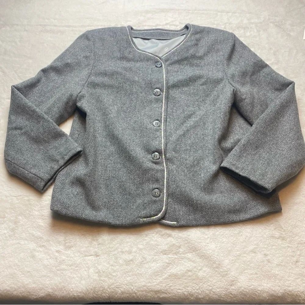 Gray Wool Herringbone Front Button Lined Jacket